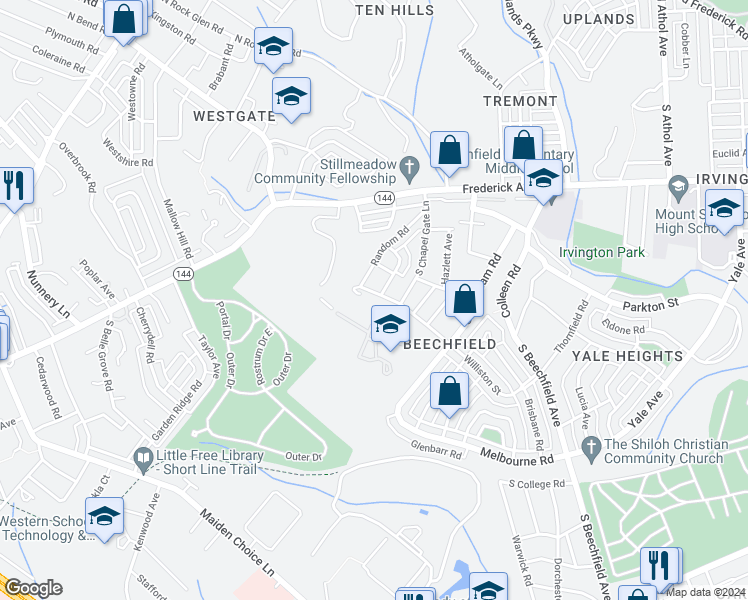 map of restaurants, bars, coffee shops, grocery stores, and more near 5103 Williston Street in Baltimore