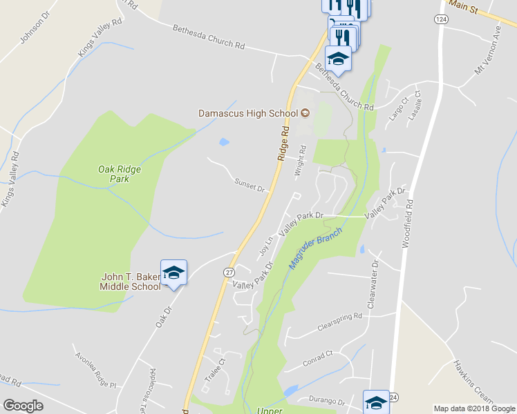 map of restaurants, bars, coffee shops, grocery stores, and more near 25624 Ridge Road in Damascus