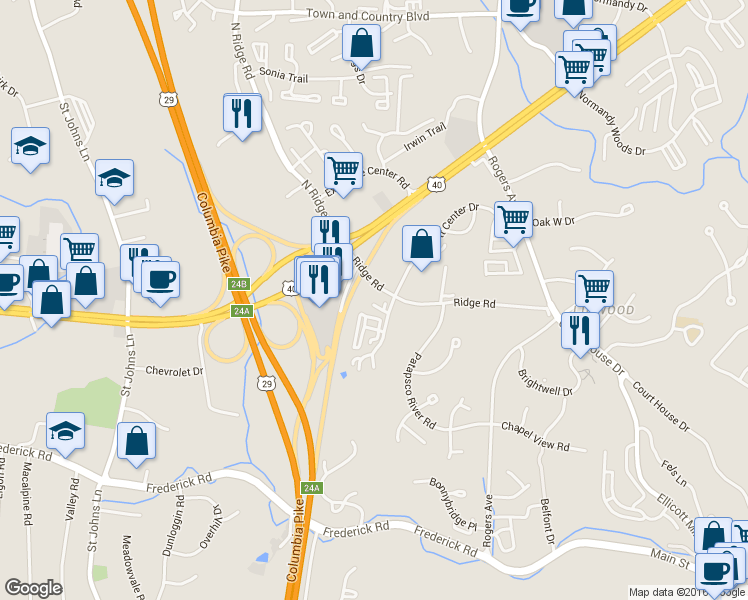 map of restaurants, bars, coffee shops, grocery stores, and more near 3420 Ellicott Center Drive in Ellicott City