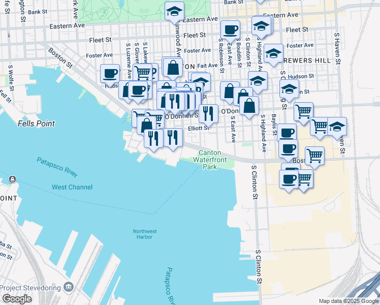 map of restaurants, bars, coffee shops, grocery stores, and more near 2901 Boston Street in Baltimore