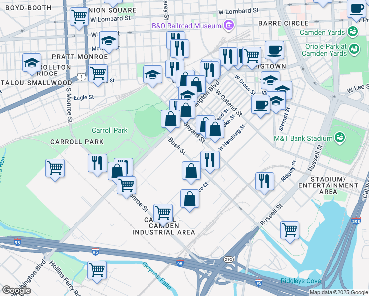 map of restaurants, bars, coffee shops, grocery stores, and more near 1301 Bush Street in Baltimore
