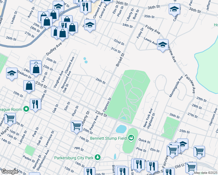 map of restaurants, bars, coffee shops, grocery stores, and more near 2522 Broad St in Parkersburg