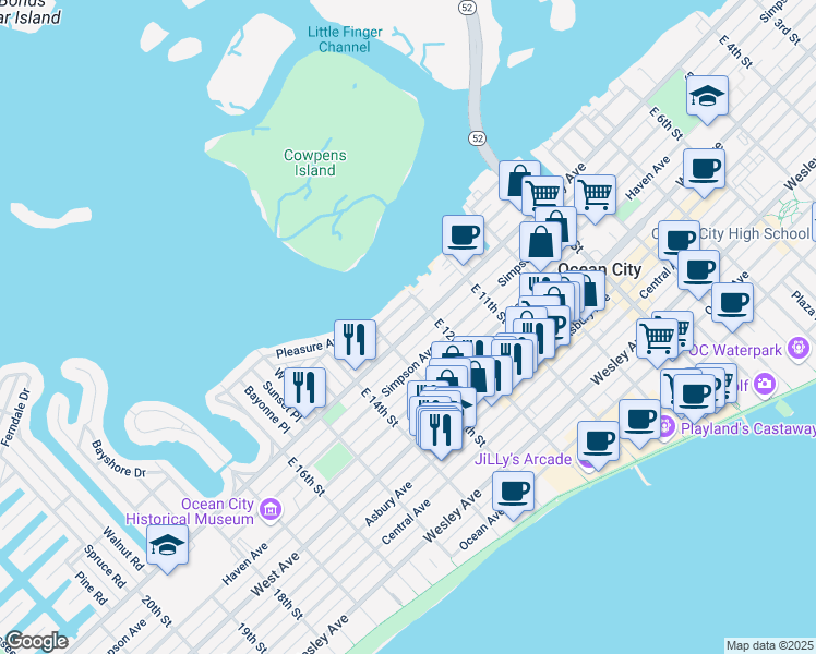 map of restaurants, bars, coffee shops, grocery stores, and more near 1230 Bay Avenue in Ocean City