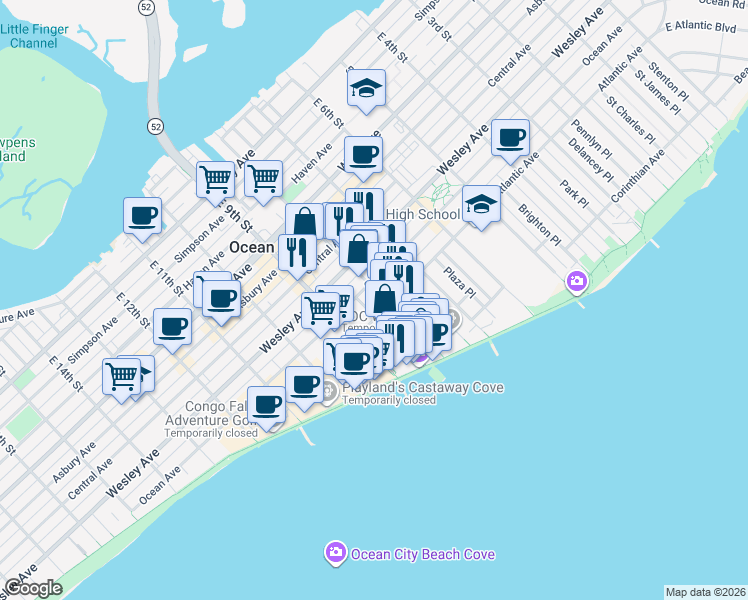 map of restaurants, bars, coffee shops, grocery stores, and more near 715 Moorlyn Terrace in Ocean City