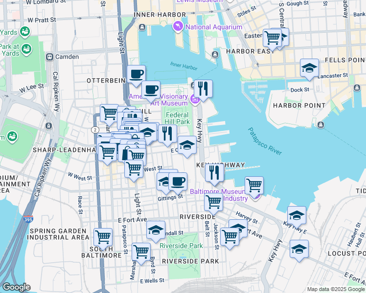 map of restaurants, bars, coffee shops, grocery stores, and more near 440 East Cross Street in Baltimore