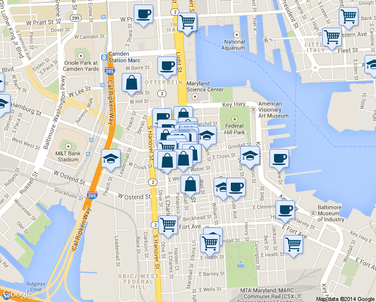 map of restaurants, bars, coffee shops, grocery stores, and more near Light St & Poultney St in Baltimore