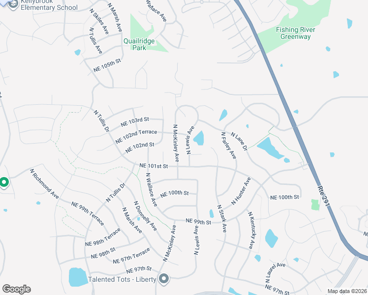 map of restaurants, bars, coffee shops, grocery stores, and more near 10122 North Lewis Avenue in Kansas City