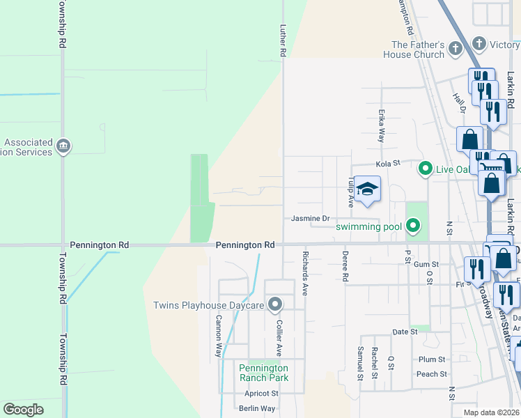 map of restaurants, bars, coffee shops, grocery stores, and more near 10118 Luther Road in Live Oak
