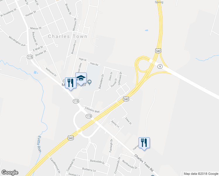 map of restaurants, bars, coffee shops, grocery stores, and more near 48 Dunlap Drive in Charles Town