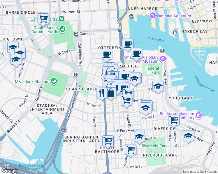 map of restaurants, bars, coffee shops, grocery stores, and more near 1000 South Charles Street in Baltimore