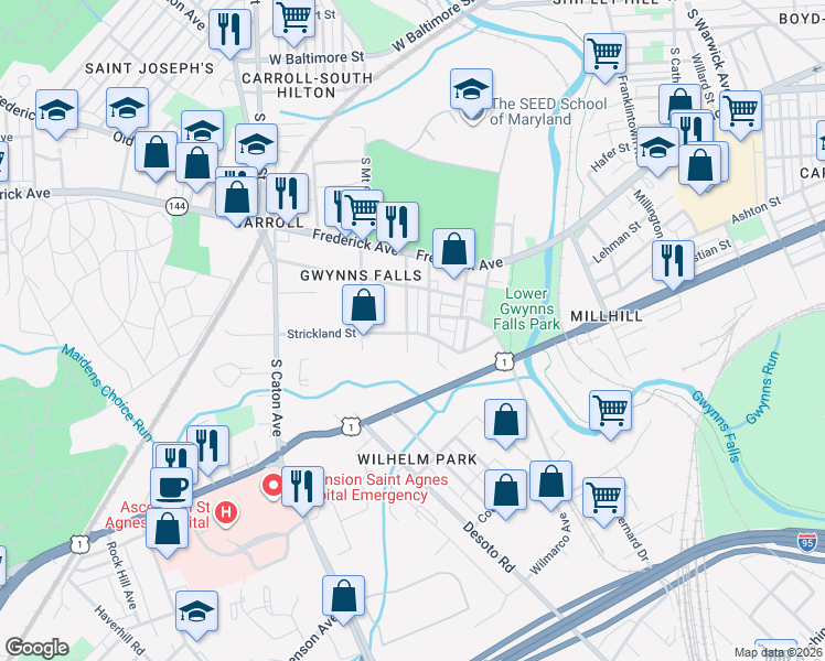 map of restaurants, bars, coffee shops, grocery stores, and more near 565 South Longwood Street in Baltimore