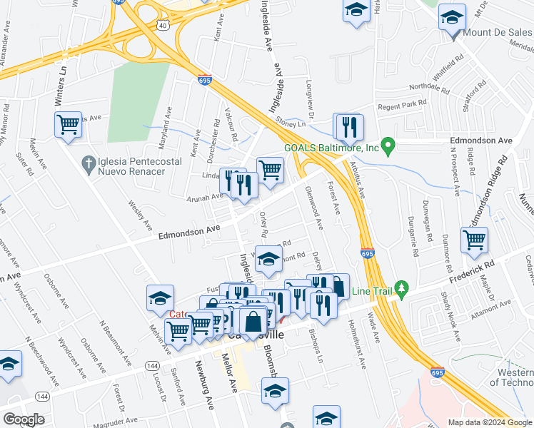 map of restaurants, bars, coffee shops, grocery stores, and more near 312 Orley Road in Catonsville