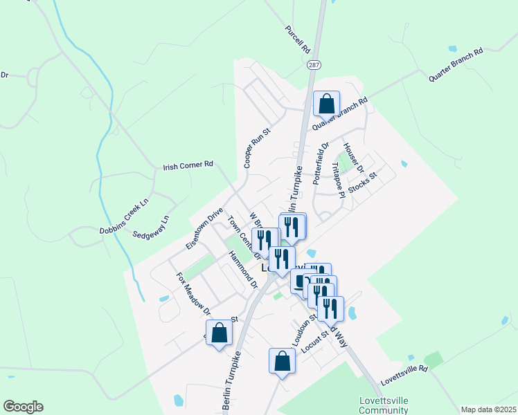 map of restaurants, bars, coffee shops, grocery stores, and more near 4 Daniel Keys Lane in Lovettsville