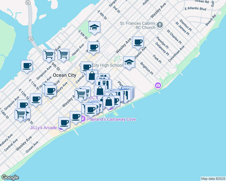 map of restaurants, bars, coffee shops, grocery stores, and more near 841 Plymouth Place in Ocean City