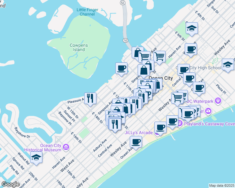 map of restaurants, bars, coffee shops, grocery stores, and more near in Ocean City