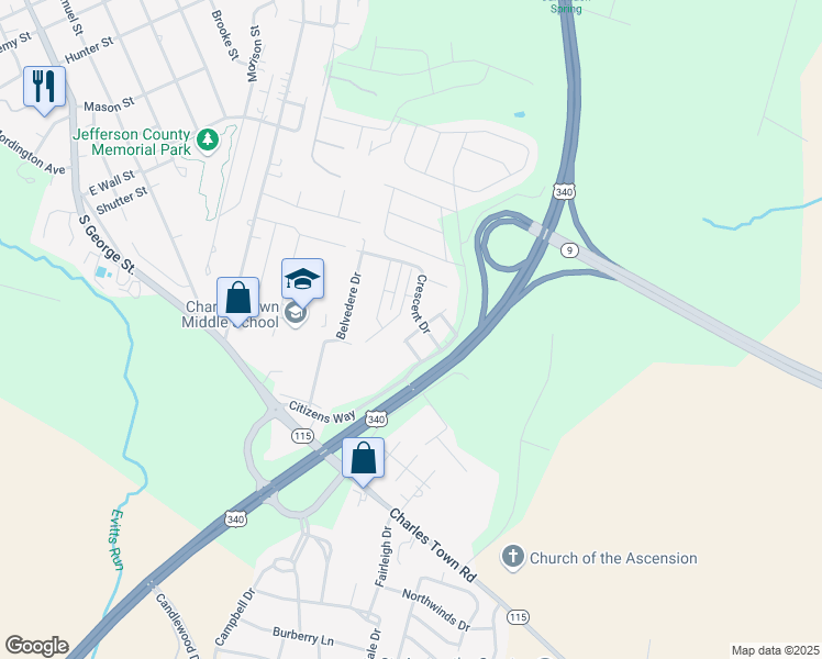 map of restaurants, bars, coffee shops, grocery stores, and more near 22 Holmes Drive in Charles Town