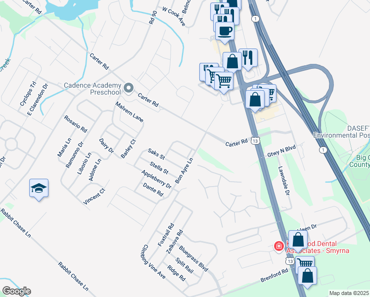 map of restaurants, bars, coffee shops, grocery stores, and more near 737 Radnor Street in Smyrna