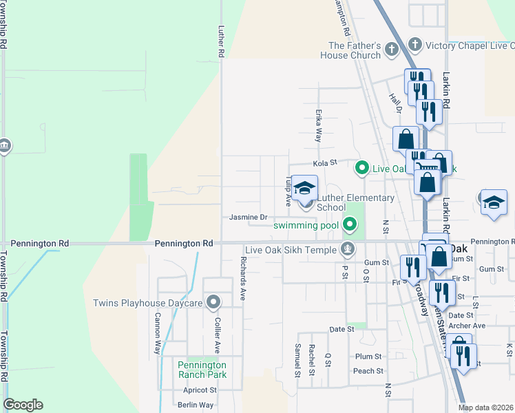 map of restaurants, bars, coffee shops, grocery stores, and more near 3158 Lilac Court in Live Oak