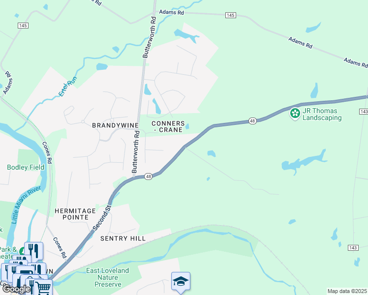 map of restaurants, bars, coffee shops, grocery stores, and more near 10493 Ohio 48 in Loveland