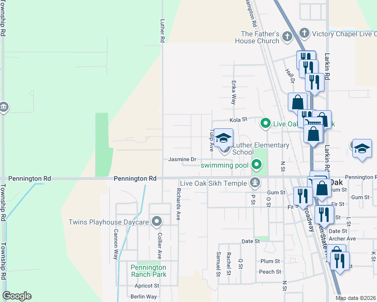 map of restaurants, bars, coffee shops, grocery stores, and more near 3158 Lilac Court in Live Oak