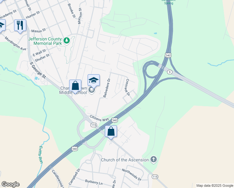 map of restaurants, bars, coffee shops, grocery stores, and more near 20 Dunlap Drive in Charles Town