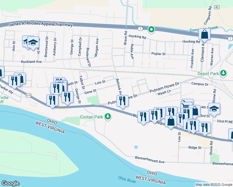 map of restaurants, bars, coffee shops, grocery stores, and more near 711 Belrock Avenue in Belpre