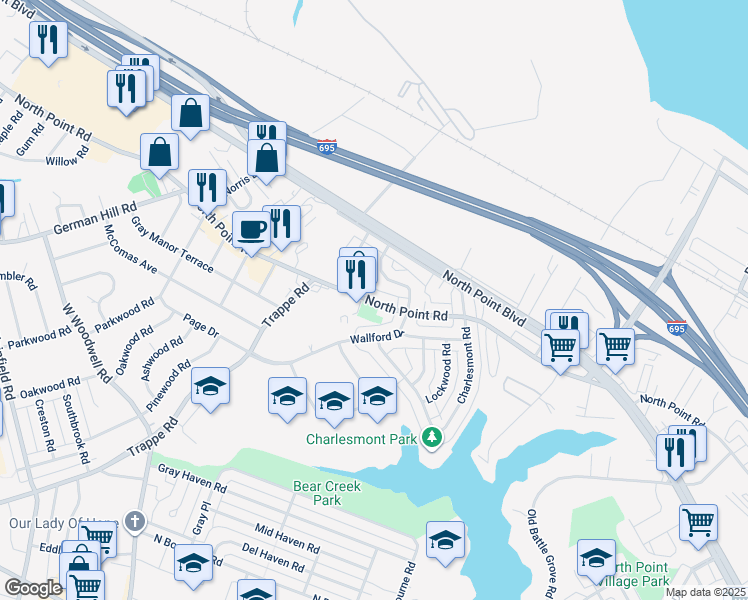 map of restaurants, bars, coffee shops, grocery stores, and more near 3228 South North Point Road in Dundalk