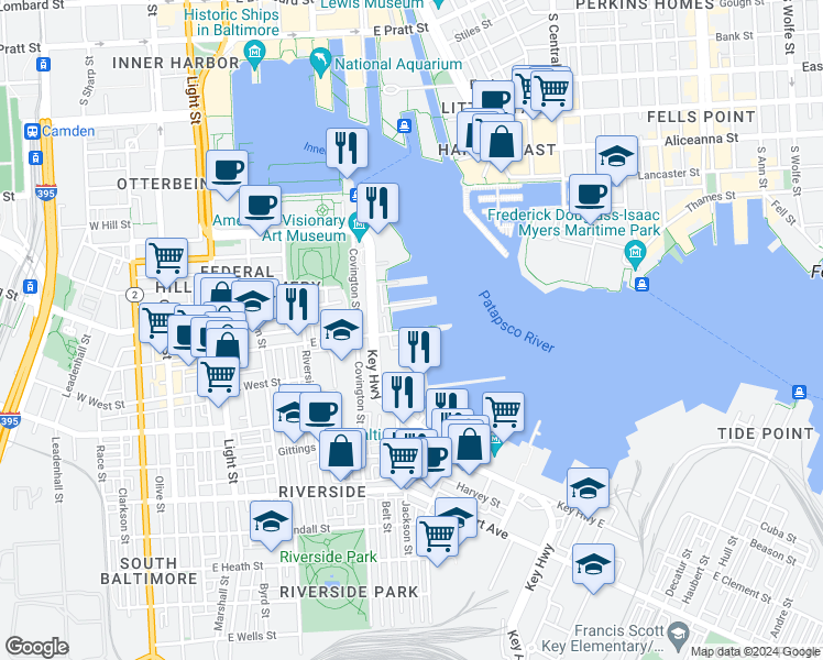 map of restaurants, bars, coffee shops, grocery stores, and more near Pierside Drive in Baltimore