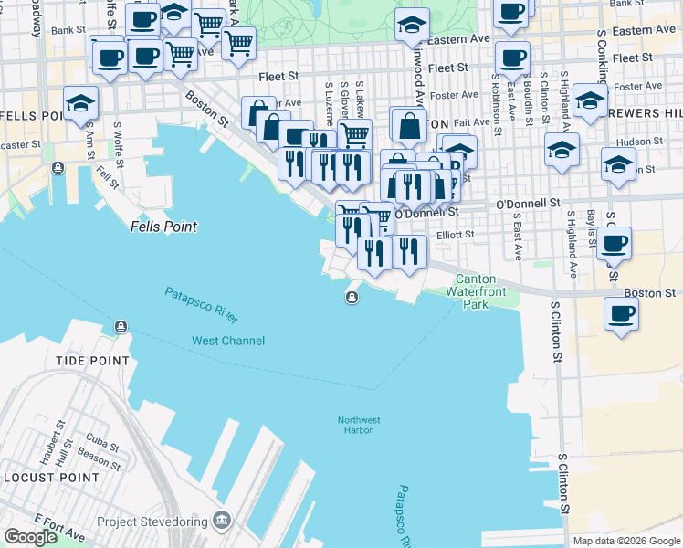 map of restaurants, bars, coffee shops, grocery stores, and more near 1263 Dockside Circle in Baltimore