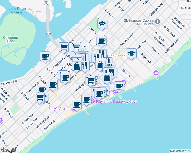 map of restaurants, bars, coffee shops, grocery stores, and more near in Ocean City
