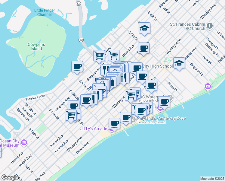 map of restaurants, bars, coffee shops, grocery stores, and more near 944 Central Avenue in Ocean City