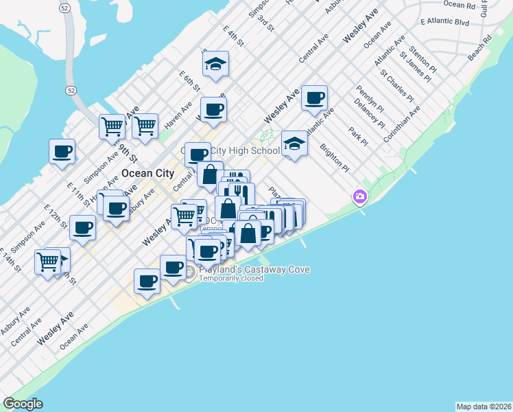 map of restaurants, bars, coffee shops, grocery stores, and more near 841 Plymouth Place in Ocean City