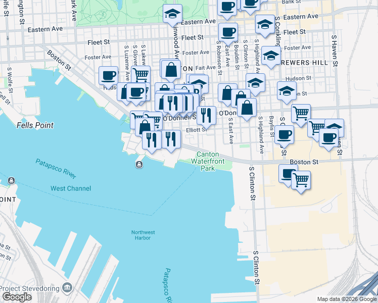 map of restaurants, bars, coffee shops, grocery stores, and more near 2901 Boston Street in Baltimore