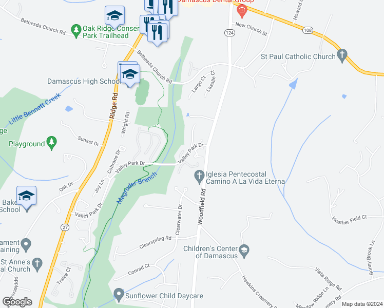 map of restaurants, bars, coffee shops, grocery stores, and more near 11 Valley Park Court in Damascus