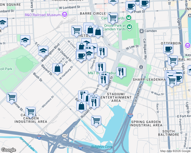 map of restaurants, bars, coffee shops, grocery stores, and more near 710 West Ostend Street in Baltimore
