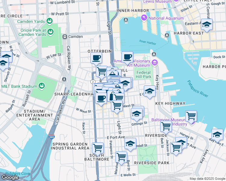map of restaurants, bars, coffee shops, grocery stores, and more near 1014 Light Street in Baltimore