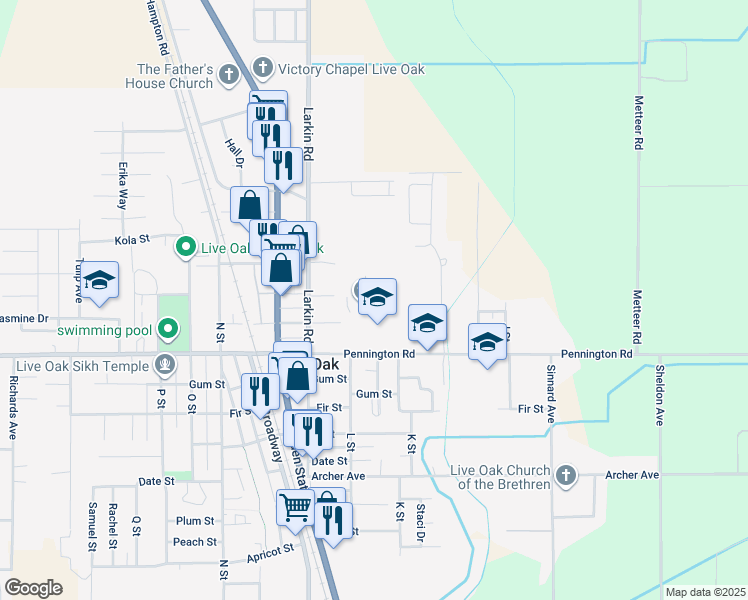 map of restaurants, bars, coffee shops, grocery stores, and more near 2351 Pennington Road in Live Oak