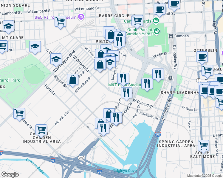 map of restaurants, bars, coffee shops, grocery stores, and more near 1228 South Paca Street in Baltimore