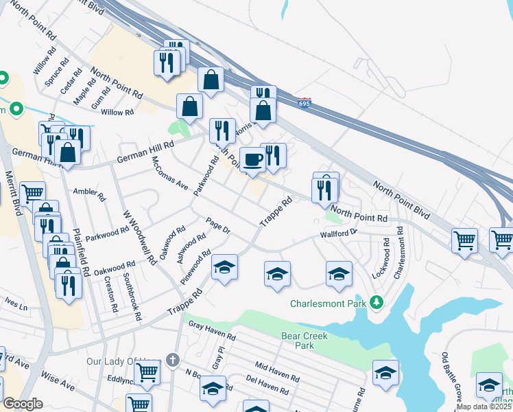 map of restaurants, bars, coffee shops, grocery stores, and more near 2901 Gray Manor Terrace in Dundalk