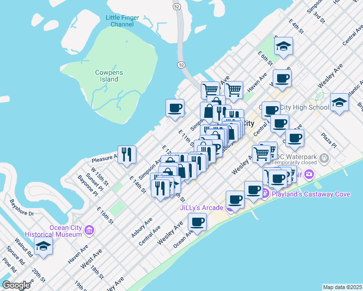 map of restaurants, bars, coffee shops, grocery stores, and more near 1117 Simpson Avenue in Ocean City