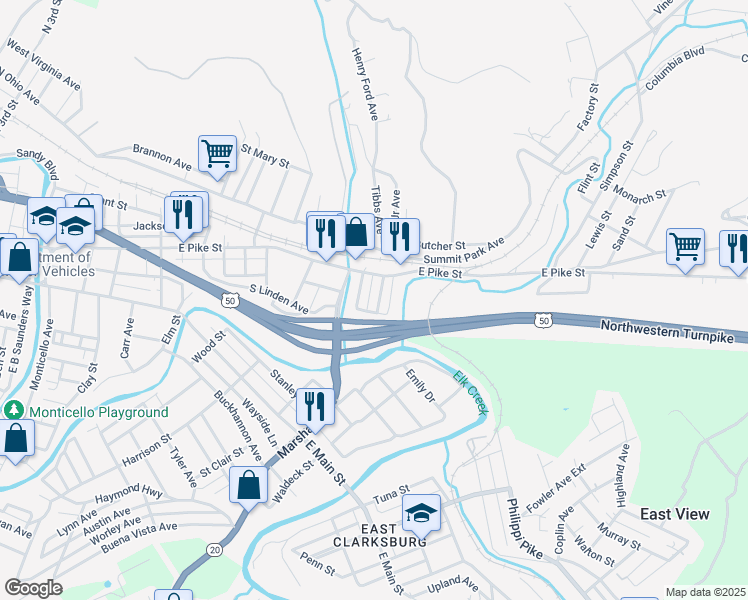 map of restaurants, bars, coffee shops, grocery stores, and more near 111 Brown Street in Clarksburg