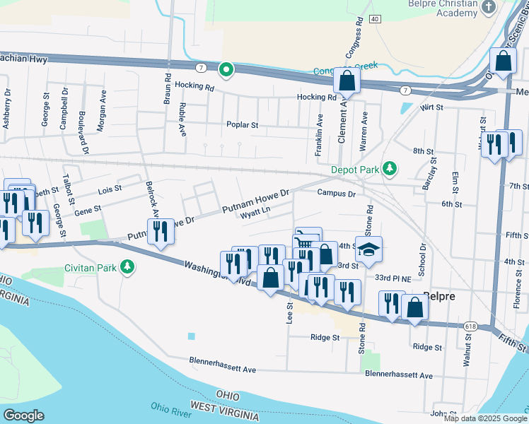 map of restaurants, bars, coffee shops, grocery stores, and more near 1200 Lockwood Street in Belpre