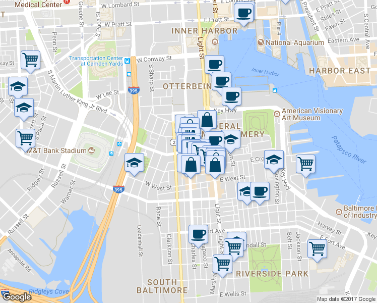 map of restaurants, bars, coffee shops, grocery stores, and more near South Charles Street & West Hamburg Street in Baltimore