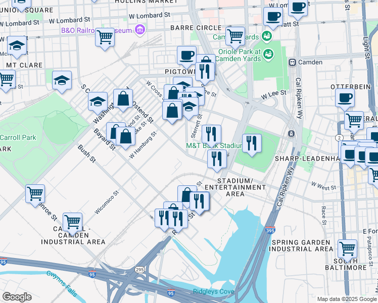 map of restaurants, bars, coffee shops, grocery stores, and more near 1235 Scott Street in Baltimore