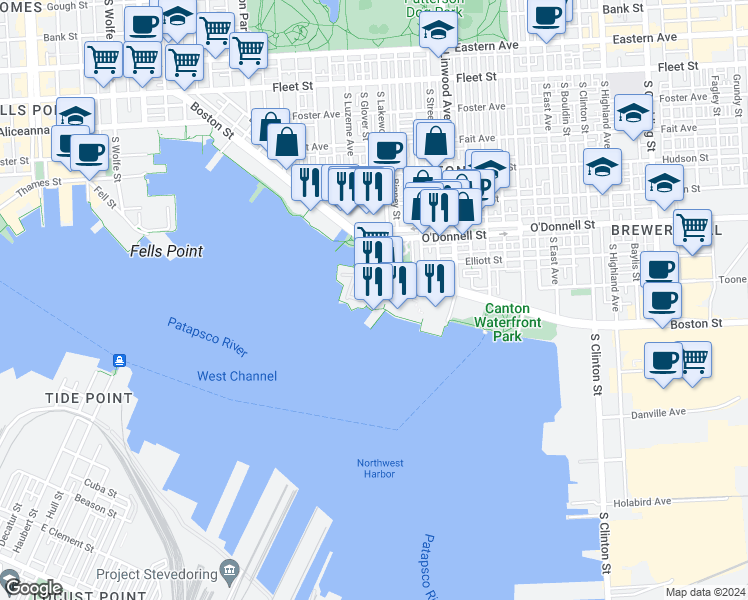 map of restaurants, bars, coffee shops, grocery stores, and more near 2772 Lighthouse Point East in Baltimore