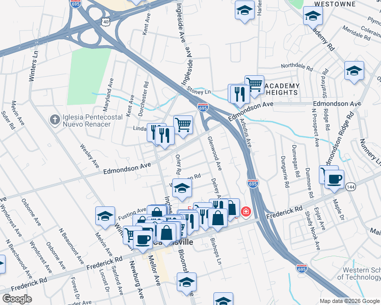 map of restaurants, bars, coffee shops, grocery stores, and more near 604 Arlewood Road in Catonsville