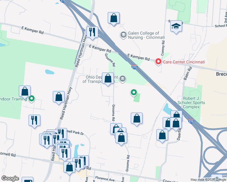 map of restaurants, bars, coffee shops, grocery stores, and more near 11564 Grooms Road in Blue Ash