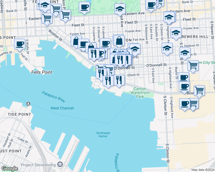 map of restaurants, bars, coffee shops, grocery stores, and more near 2772 Lighthouse Point East in Baltimore