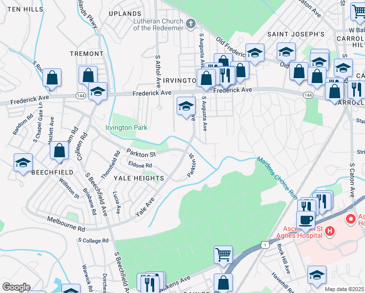 map of restaurants, bars, coffee shops, grocery stores, and more near 4300 Parkton Street in Baltimore