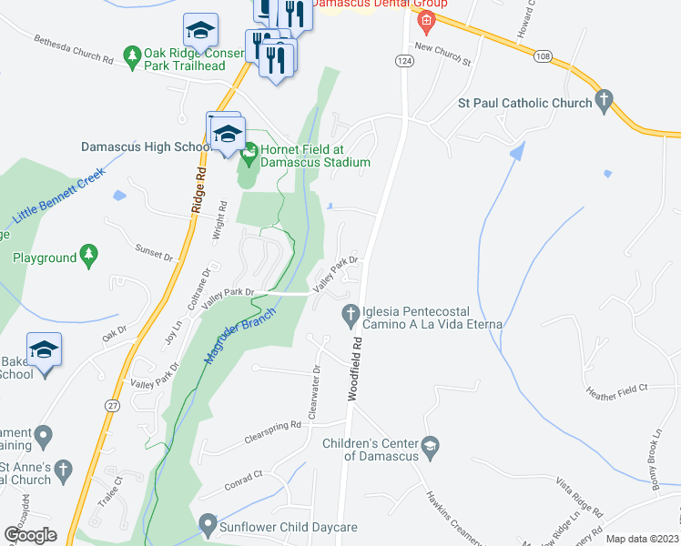 map of restaurants, bars, coffee shops, grocery stores, and more near 3 Valley Park Court in Damascus